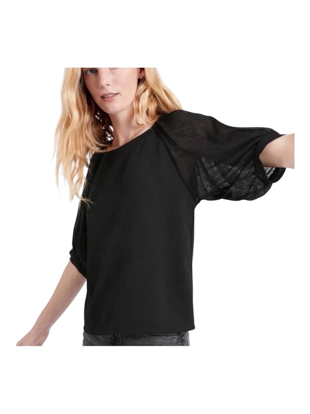 Banana Republic Black Sheer Puff Sleeve Blouse Top Size XS